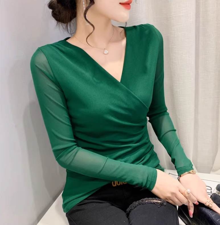 レディーストップスカットソー長袖V...