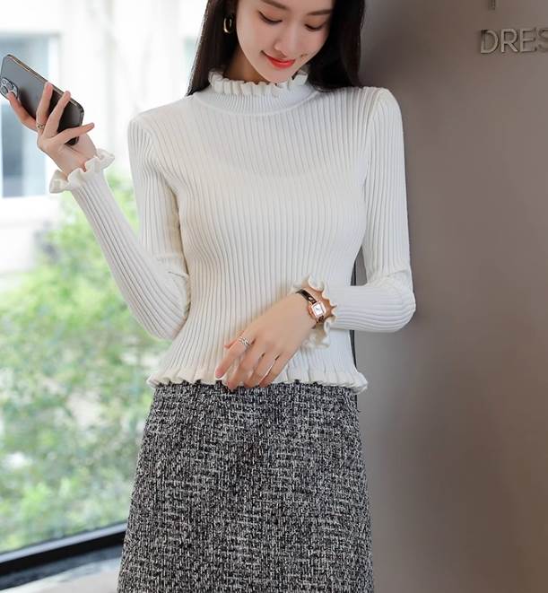 レディース トップス ニット セーター ショート 長袖 フリル リブニット かわいい 大人可愛い シンプル..