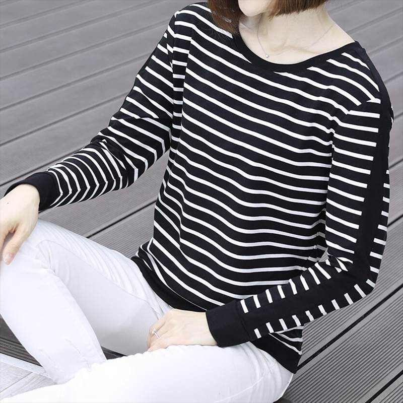 Garments - レディース トップス Tシャツ 長袖 ラウンドネック 大人可愛い きれいめ おしゃれ かっこいい ラフ ガーリー クール 都会的 ナチュラル ストライプ 春 秋 通勤 デート お出かけ お泊まり イベント 旅行 レストラン 公園 女子会 休日 ホテル ショッピング コンサート