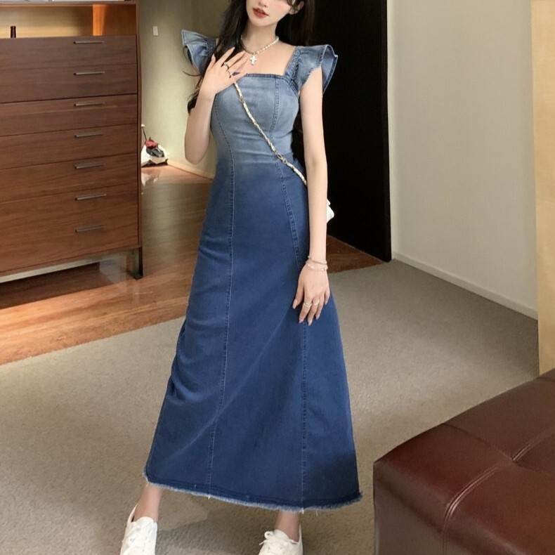 樂天商城 - レディース ワンピース ロング 袖なし ノースリーブ スクエアネック フレア 細身 フリル デニム ブルーデニム 薄手 大人可愛い きれいめ シンプル カジュアル おしゃれ こなれ感 個性的 主役級 存在感 抜け感 都会的 クラシカル ベーシック ナチュラル 無地 春 夏