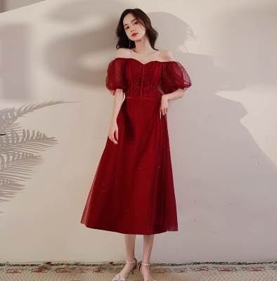 ドレス ワンピース ウェディング パーティー 結婚式 二次会 披露宴 演奏会 発表会 舞台 フォーマル キャバ ダンス 謝恩会 演劇 ラウンジ クラブ ミモレ 半袖 パフスリーブ スクエアネック プリンセスライン フレア プリーツ レース シフォン ウエストマーク