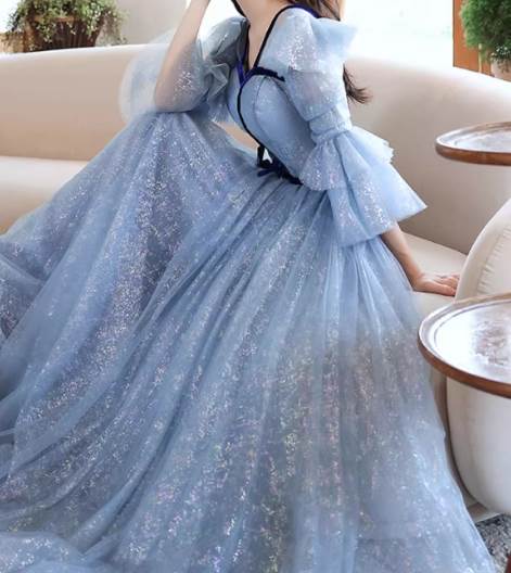 ドレス ワンピース ウェディング パーティー 結婚式 二次会 披露宴 演奏会 発表会 ステージ 舞台 フォーマル キャバ ダンス 衣装 演劇 ラウンジ クラブ マキシ 7分袖 Vネック プリンセスライン カクテル イブニング チュール シフォン ウエストマーク ウエストリボン