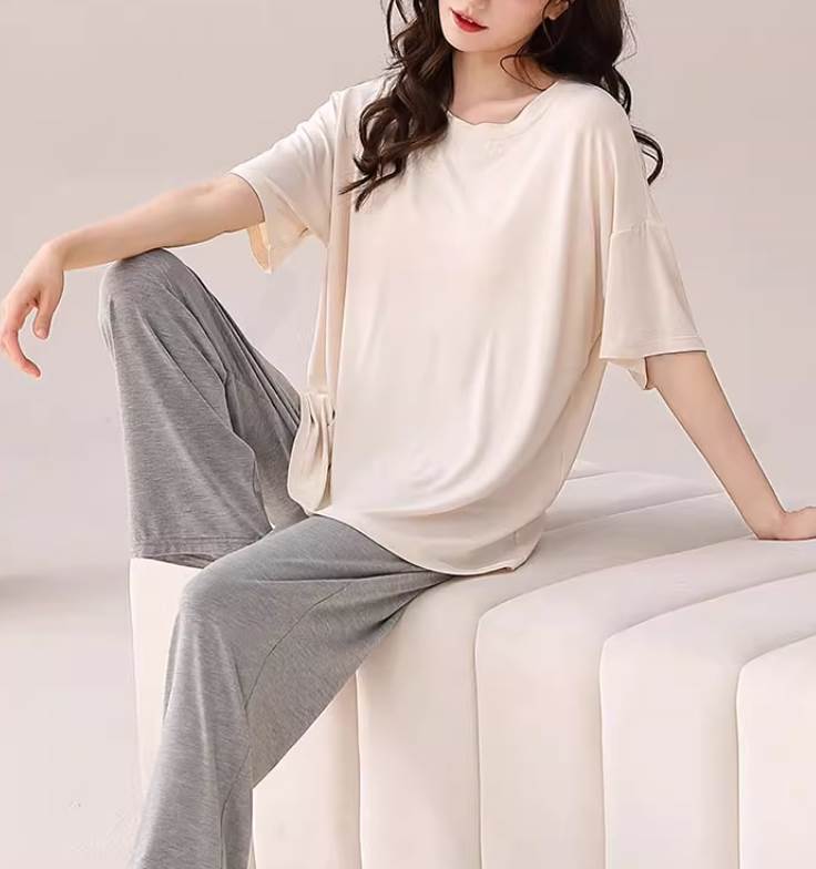Rakuten - ツーピース 2点セット 上下セット レディース トップス パンツ ボトムス ルームウェア パジャマ 部屋着 寝巻き Tシャツ ロング 半袖 ラウンドネック ウエストゴム かわいい シンプル カジュアル おしゃれ ラフ ガーリー ルーズ 存在感 抜け感 ラブリー キュート