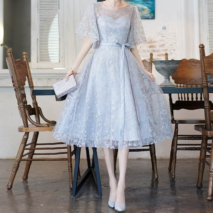 レディース ワンピース ドレス ミディアム 半袖 Uネック レース ファスナー 大人可愛い きれいめ 上品 おしゃれ かっこいい ガーリー ..