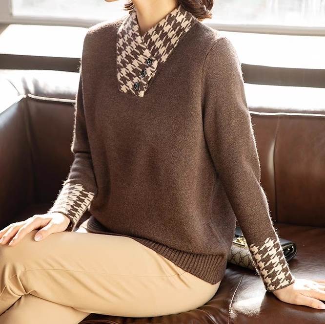 レディース トップス カットソー ニット セーター 長袖 Vネック 切り替えデザイン ドッキング かわいい..