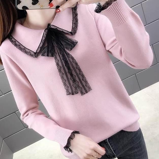 レディース トップス ニット セーター 長袖 襟付き 角襟 りぼんタイ フェミニン レース フリル リボン ..