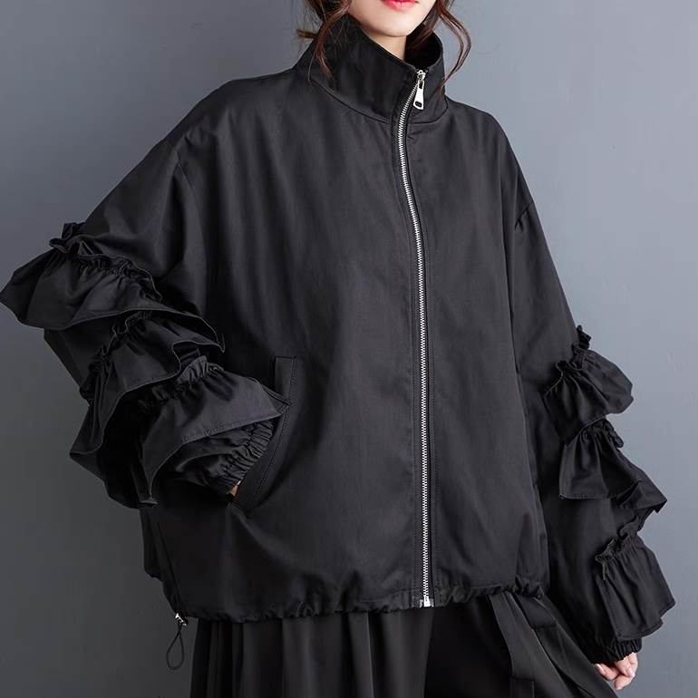 Rakuten - レディース ジャケット ブルゾン アウター 上着 羽織 前開き アシンメトリー 長袖 フリル袖 スタンドカラー オーバーサイズ フェミニン ストリート フリル ファスナー ドロスト かわいい 大人可愛い おしゃれ ガーリー 個性的 存在感 抜け感 ラブリー キュート
