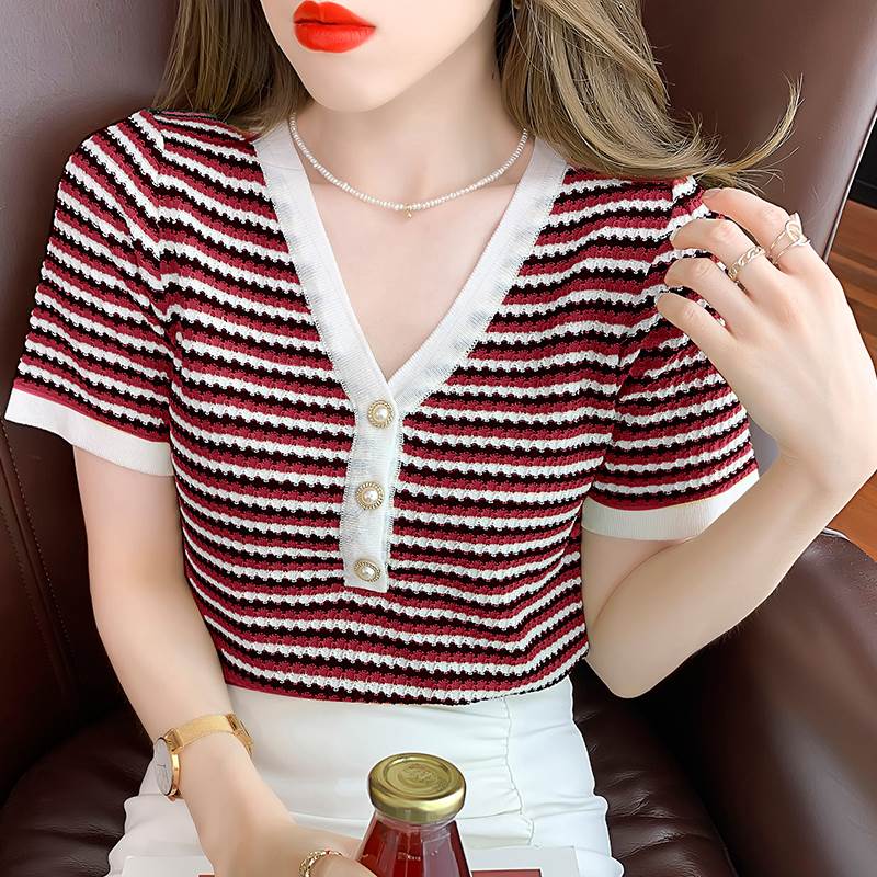 レディース トップス ニット 半袖 Vネック ストレート Iライン ボタン 配色 薄手 大人可愛い きれいめ シンプル カジュアル 上品 おし..