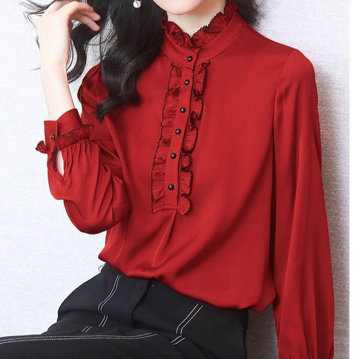 Rakuten - レディース トップス シャツ ブラウス 長袖 ハイネック ストレート Iライン フリル ボタン かわいい 大人可愛い きれいめ シンプル 上品 おしゃれ こなれ感 個性的 主役級 存在感 抜け感 都会的 クラシカル 無地 春 秋 冬 入学式 入園式 ロングシーズン ママ オフィス
