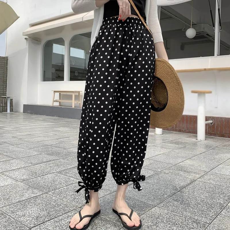 Rakuten - レディース パンツ ボトムス ストレートパンツ 9分丈 アンクル丈 スマート ポケット ハイウエスト ウエストゴム 薄手 かわいい 大人可愛い シンプル カジュアル おしゃれ こなれ感 個性的 主役級 存在感 抜け感 ドット柄 水玉 春 夏 ロングシーズン ママ 学生 学校 通学