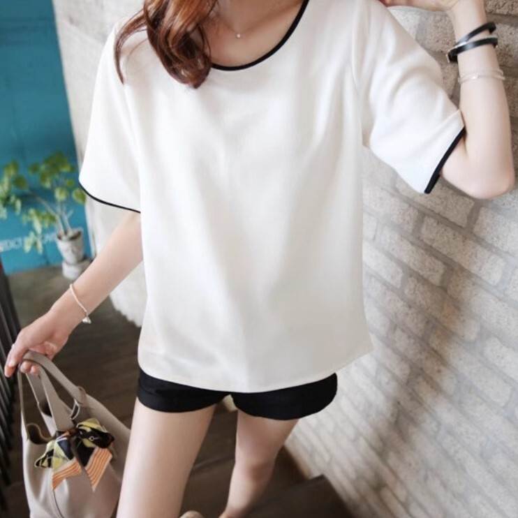 Rakuten - レディース トップス カットソー Tシャツ ミディアム 半袖 5分袖 ワイドスリーブ ラウンドネック 襟なし コンサバ 配色 パイピング 大人可愛い きれいめ カジュアル 上品 おしゃれ こなれ感 エレガント 抜け感 都会的 無地 春 夏 授業参観 ママ 女の子 オフィス