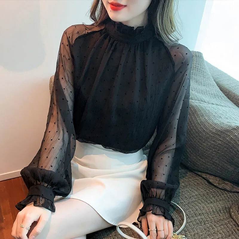 Rakuten - レディース トップス シャツ 長袖 パフスリーブ スタンドカラー レース 大人可愛い きれいめ おしゃれ かっこいい ガーリー クール 都会的 ロマンティック ドット柄 春 通勤 デート お出かけ お泊まり イベント 旅行 レストラン 公園 女子会 休日 ホテル ショッピング