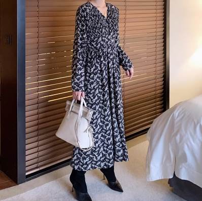 Rakuten - レディース ワンピース ドレス マキシ 長袖 Vネック カシュクール セミフレア フェミニン ウエストマーク ハイウエスト 大人可愛い きれいめ カジュアル 上品 おしゃれ エスニック こなれ感 ガーリー ルーズ 個性的 モード系 エレガント モダン 主役級 存在感 とろみ感