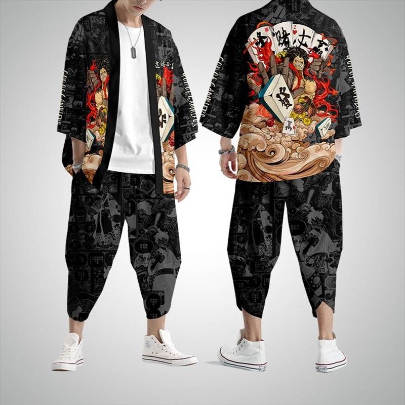 2点セット レディース トップス パンツ 羽織 着物 前開き ミディアム 9分丈 7分袖 Vネック ポケット ウエストゴム きれいめ シンプル おしゃれ かっこいい レトロ ラフ クール プリント 春 夏 秋 ペア 男女兼用 ユニセックス カップル デート お出かけ お泊まり