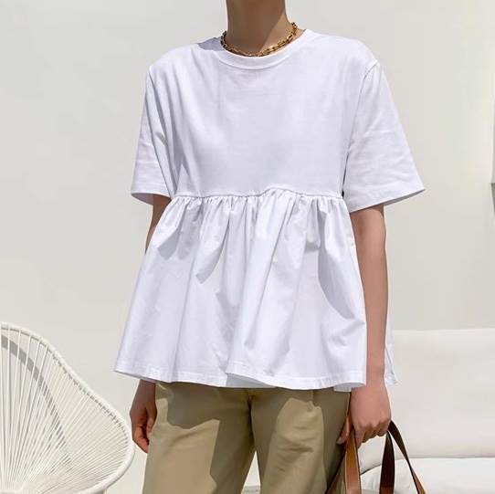 Rakuten - レディース トップス カットソー プルオーバー Tシャツ 半袖 ラウンドネック フレア フェミニン タック ウエストマーク ハイウエスト かわいい 大人可愛い シンプル カジュアル 上品 おしゃれ こなれ感 ガーリー ラブリー キュート ベーシック アメリカン アクティブ