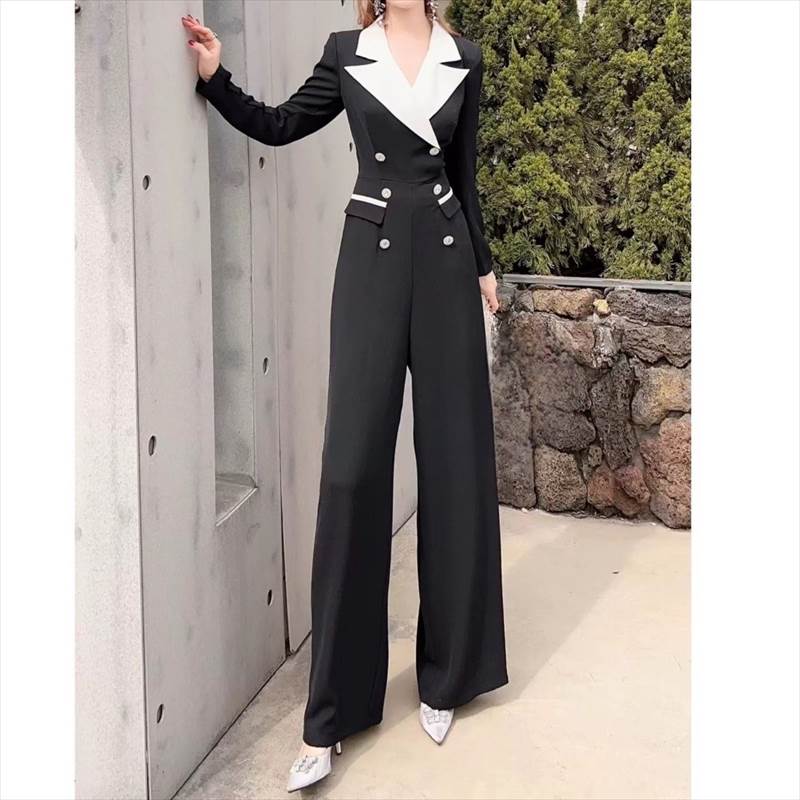 ジャンプスーツ ワンピース レディース パンツ ロング 襟なし 袖あり 長袖 透け感 レース ハイウエスト スタイルアップ 無地 シンプル エレガント 体型カバー レトロガール 女の子らしい きれいめ 大人っぽい かわいい キュート 清楚 上品 大人 おしゃれ お洒落 レトロ