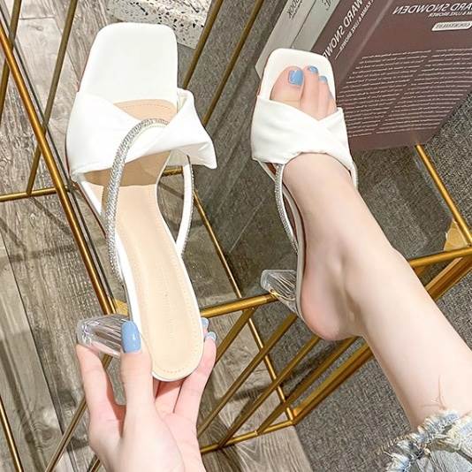 樂天商城 - レディース サンダル ミュール ヒールシューズ ハイヒール 7cm 5cm 太ヒール チャンキーヒール クリアヒール ビジュー ラメ 美脚 脚長 オープントゥ クリア かわいい 大人可愛い おしゃれ ラブリー キュート ガーリー 抜け感 華やか シック クラシック フェミニン