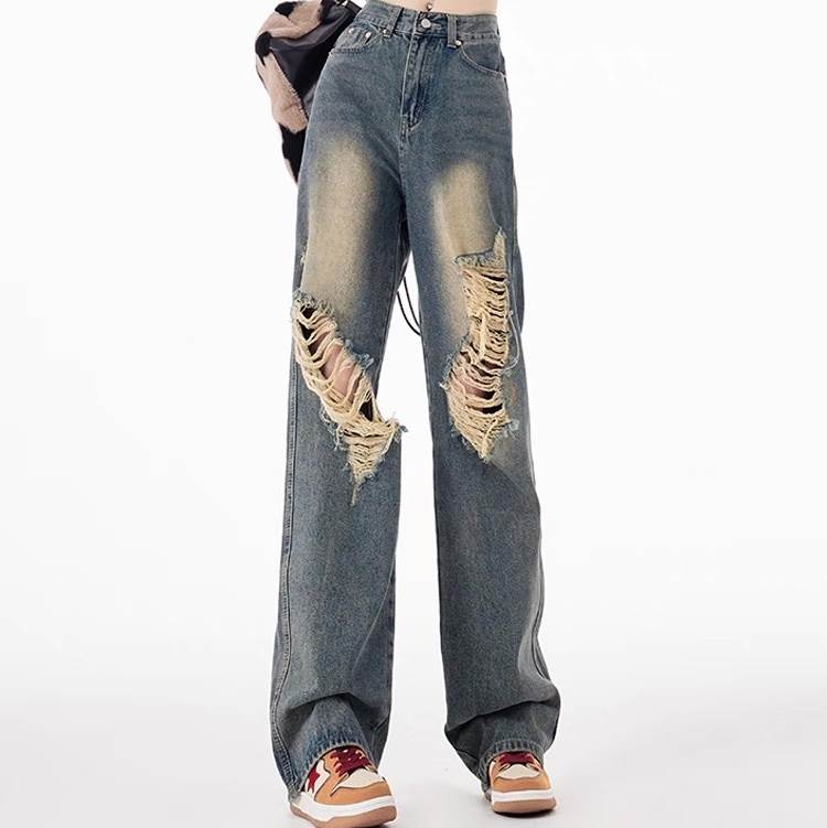 Rakuten - レディース パンツ ボトムス デニム Gパン ストレートパンツ ロングパンツ フルレングス ストリート ハイウエスト ヴィンテージ アメカジ ダメージ ウォッシュ カジュアル おしゃれ かっこいい こなれ感 ラフ メンズライク マニッシュ ボーイッシュ ルーズ 個性的