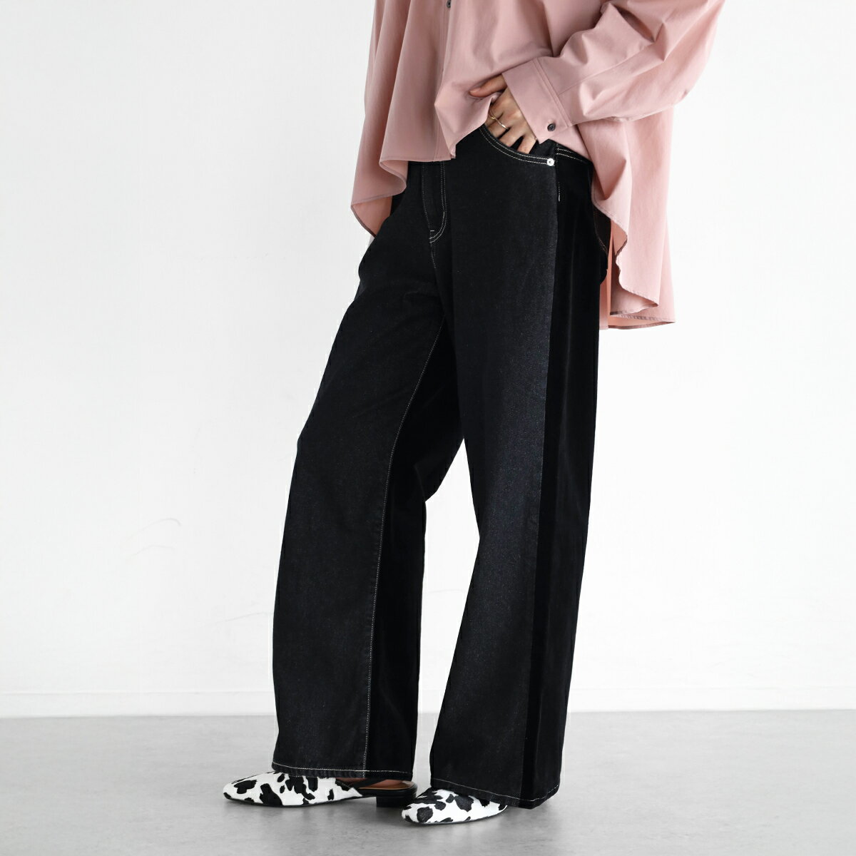 乐天商城 - 【マラソン期間中ポイント10倍】Vin ヴァン コーデュロイドッキングデニムパンツ パンツ ワイドパンツ デニム コーデュロイ 美脚見え 綿 レディース デイリー カジュアル リラックス ウォッシャブル ストレッチ ウエストゴム