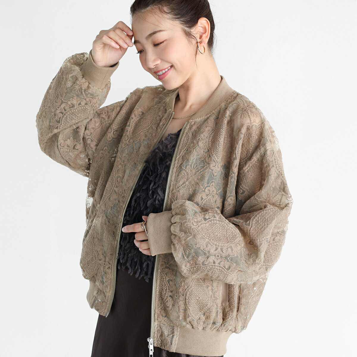 Vin ヴァン ダブルジップチュールレースブルゾン アウター ジャケット ブルゾン レース素材 レース チュール ダブルジップ 透け感 レディース キレイめ カジュアル フェミニン デイリー ウォッシャブル