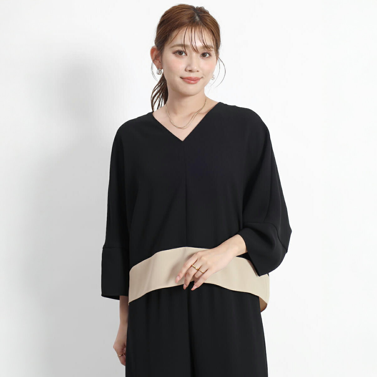 乐天商城 - FENNEL フェンネル ダブルクロスVネック配色プルオーバー トップス ブラウス プルオーバー ドルマンスリーブ 配色 Vネック セットアップ レディース 大人 フェミニン キレイめ カジュアル デイリー ウォッシャブル 日本製