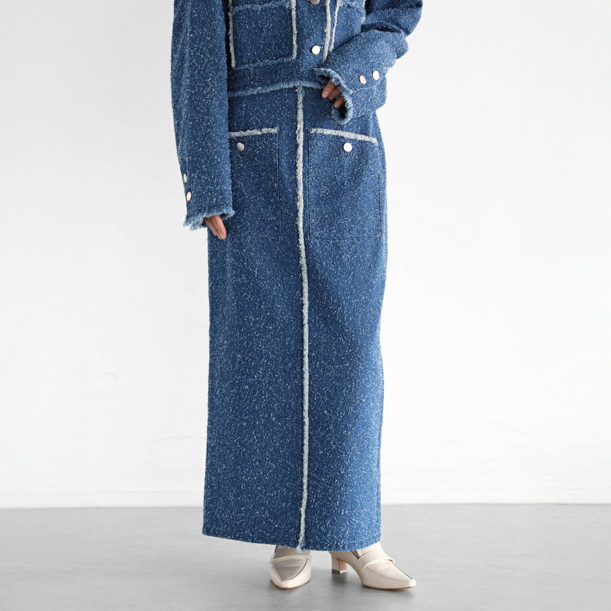 Vin ヴァン ツイードフリンジデニムスカート デニムスカート デニム素材 フリンジデザイン セットアップ ウォッシュ加工 ニードル加工 レディース カジュアル デイリー フェミニン お出かけ ウォッシャブル ウエストゴム ツイード