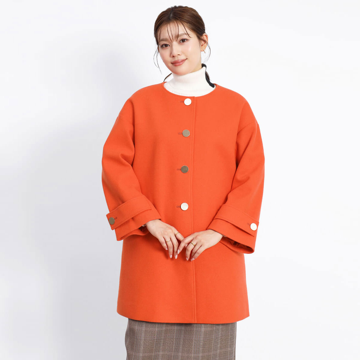 FENNEL ゴールドボタンノーカラーコート アウター コート ジャケット ノーカラージャケット 羽織り ウールライク レディース 大人 フェミニン キレイめ デイリー 上品 日本製 カラバリ ベーシック エレガント ゴールドボタン