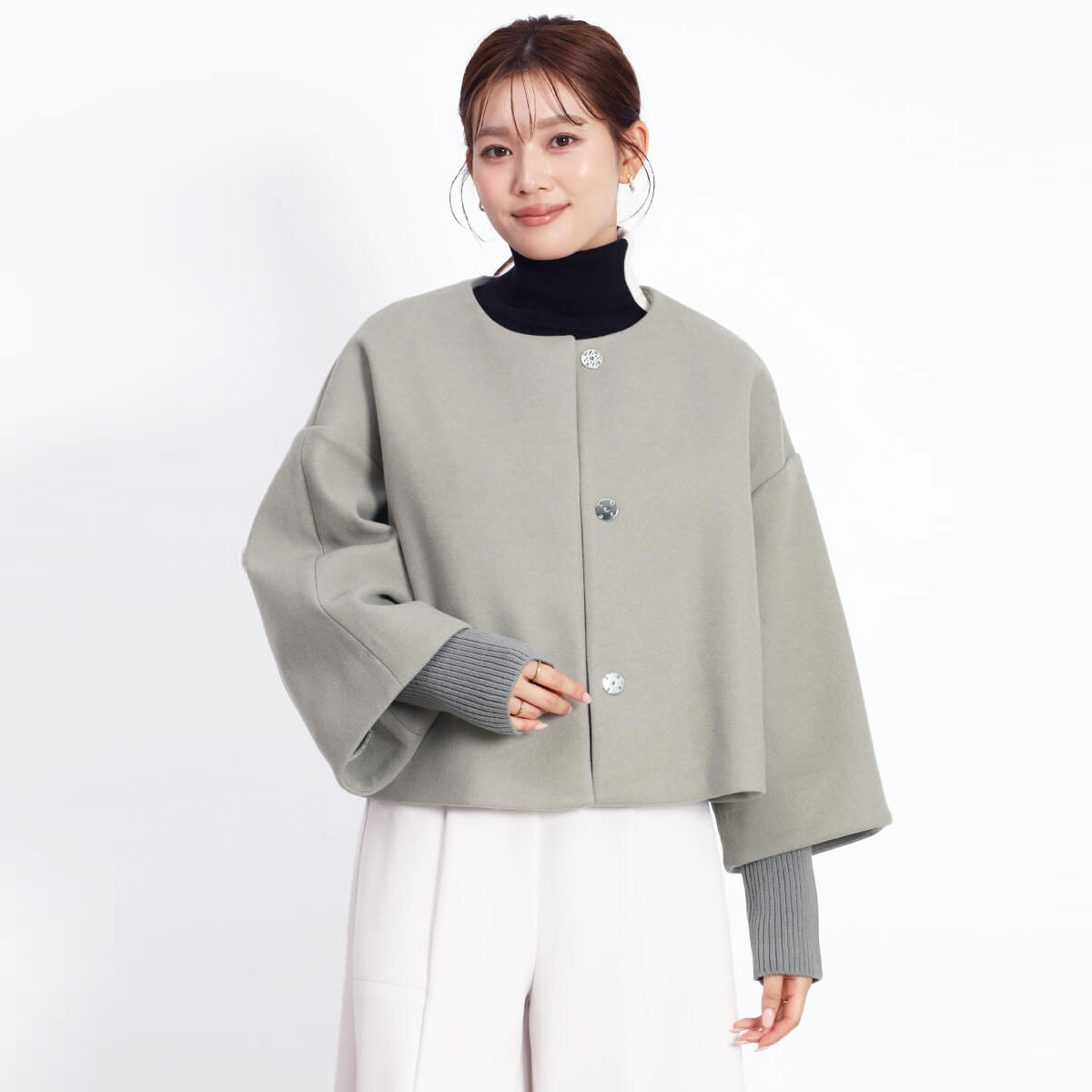 FENNEL フェンネル リブスリーブショートコート アウター コート ノーカラーコート ショートコート エレガント レディース 大人 フェミニン キレイめ 上品 デイリー おでかけ ウールライク 羽織り 日本製