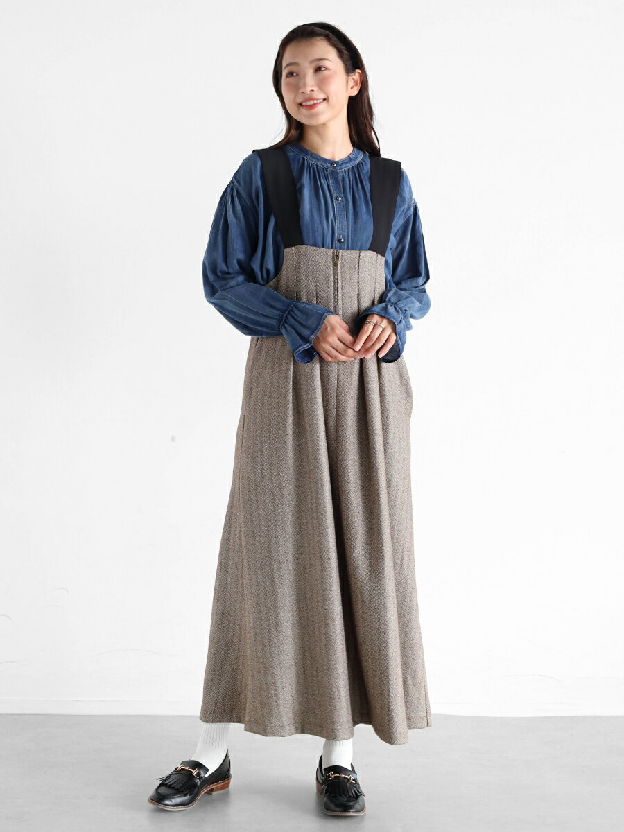 【Vin ヴァン】 ヘリンボーンツイードジャンパースカート レディース フェミニン キレイめ カジュアル デイリー ウォッシャブル 大人カジュアル ヘリンボーン ツイード シャンパースカート ヘリンボーンスカート ツイードスカート サスペンダー 2