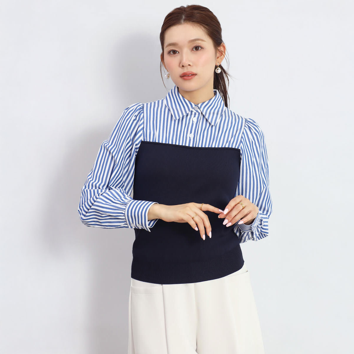 乐天商城 - 【FENNEL フェンネル】 ニットドッキングストライプシャツ ドッキングシャツ ドッキング シャツ ブラウス ストライプ ニットビスチェ レディース 大人 フェミニン キレイめ カジュアル デイリー ウォッシャブル レイヤード おでかけ フェミニン スタイルアップ 上品