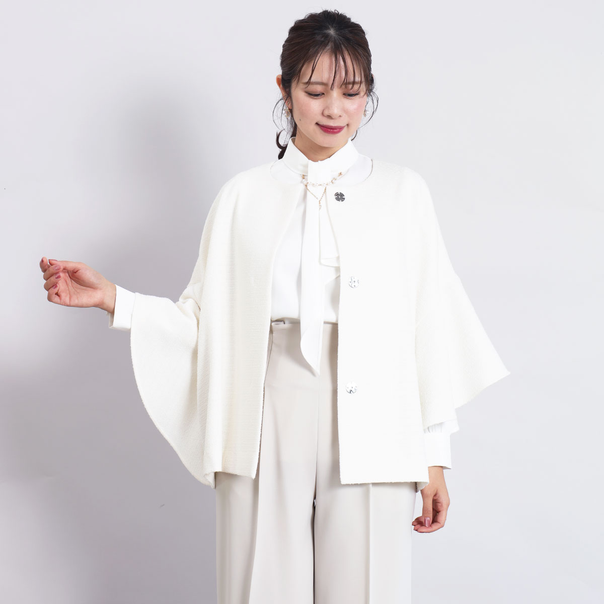 乐天商城 - 【FENNEL フェンネル】 ラッフルスリーブツイードジャケット ラッフルスリーブ ツイード ツイードジャケット ラッフルデザイン ツイード アウター ジャケット ノーカラー レディース 大人 上品 キレイめ セレモニー オケージョン 華やか ケープジャケット 日本製