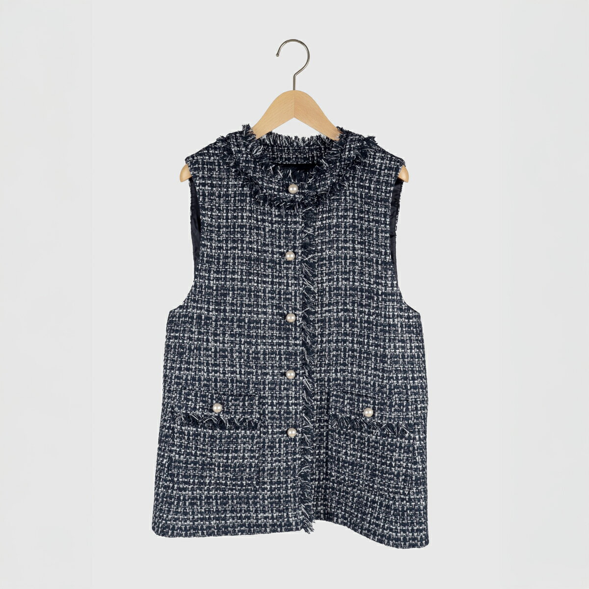 【Vin NAVY ヴァンネイビー】 パールボタンツイードジレ ジャケット ジレ パールボタン ツイード素材 セレモニー オフィス フリンジ お..