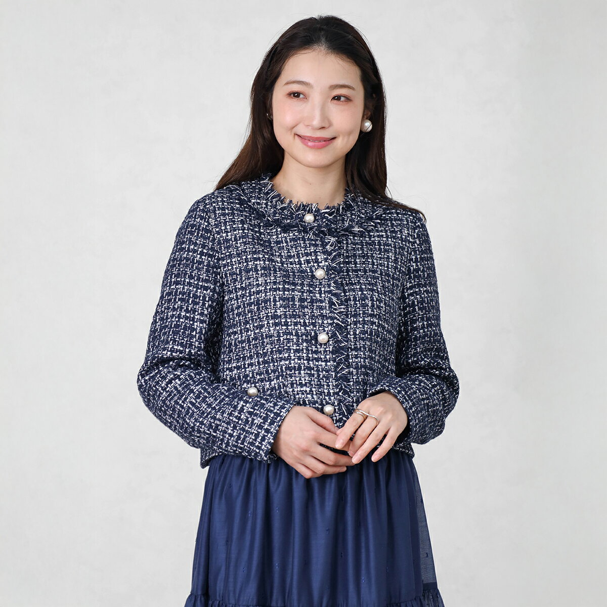 樂天商城 - 【Vin NAVY ヴァンネイビー】 パールボタンツイードノーカラージャケット ジャケット ノーカラー パールボタン ツイード素材 セレモニー オフィス お仕事 レディース 大人 フェミニン ネイビー デイリー 上品 華やか 入学式 卒業式 結婚式