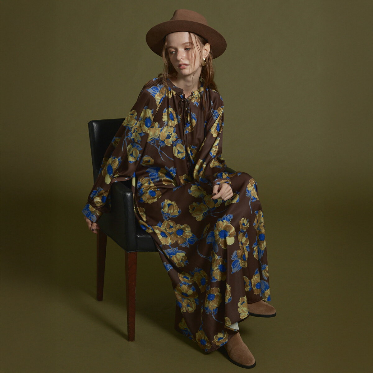 【Ample アンプル 】 ヴィンテージフラワープリントワンピース レディース 大人 フェミニン カジュアル キレイめ おでかけ 上品 ヴィンテージ ウォッシャブル 花柄 フレアシルエット ベロアリボン 大人フェミニン ワンピース