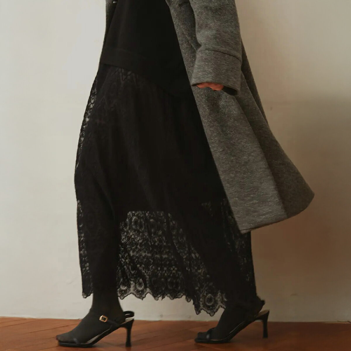 【Ample アンプル 】 レーススカートドッキングニットワンピース ワンピース ニットワンピース レーススカート ドロップショルダー レディース 大人 フェミニン カジュアル キレイめ おでかけ 上品 ウォッシャブル クラシカル リラックス感 抜け感