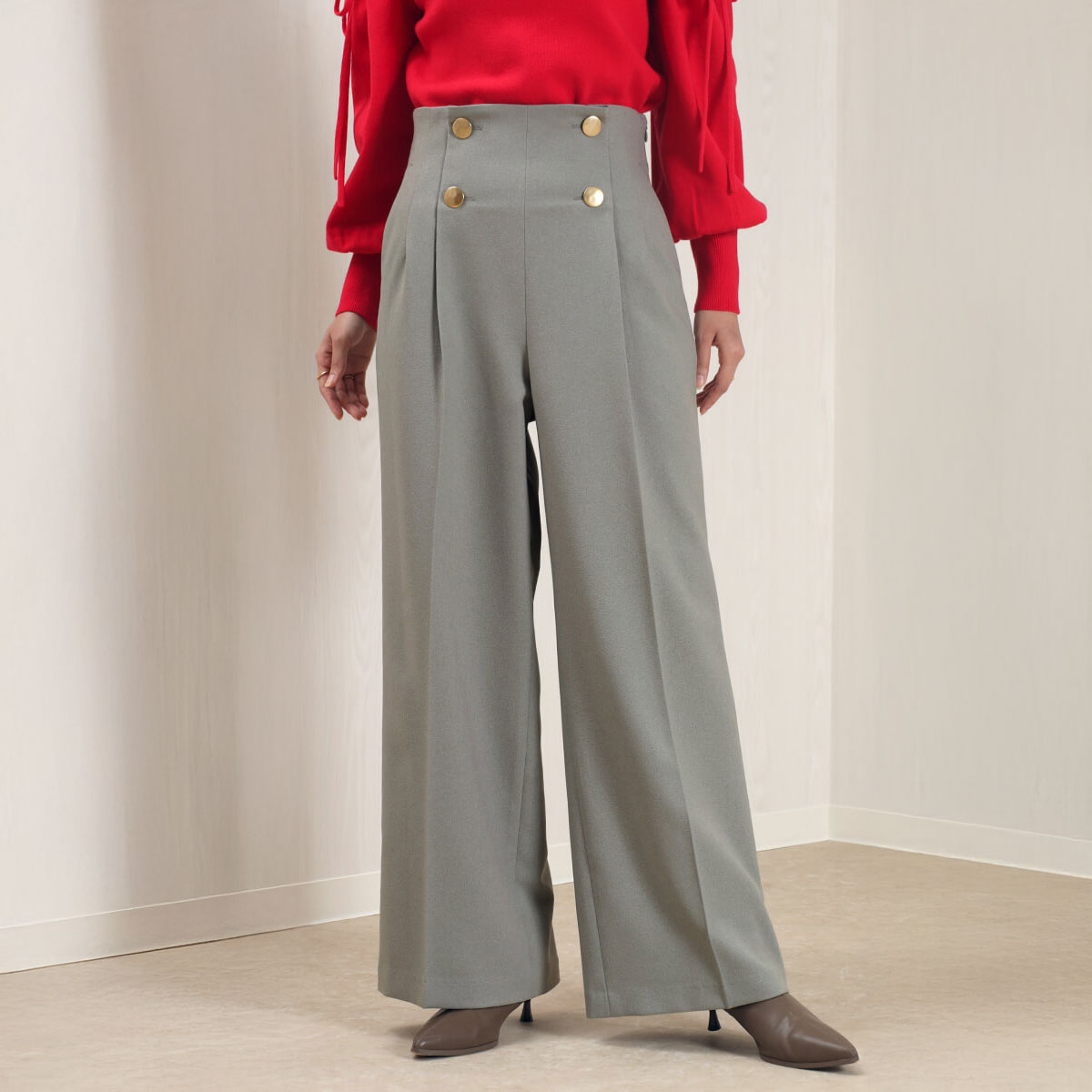 【SS期間中エントリーでポイント最大11倍!】FENNEL フェンネル ボタンアクセントワイドパンツ パンツ ワイドパンツ マリン センタープレス 美脚効果 ウエストゴム レディース 大人 フェミニン カジュアル キレイめ デイリー リラクシー 日本製