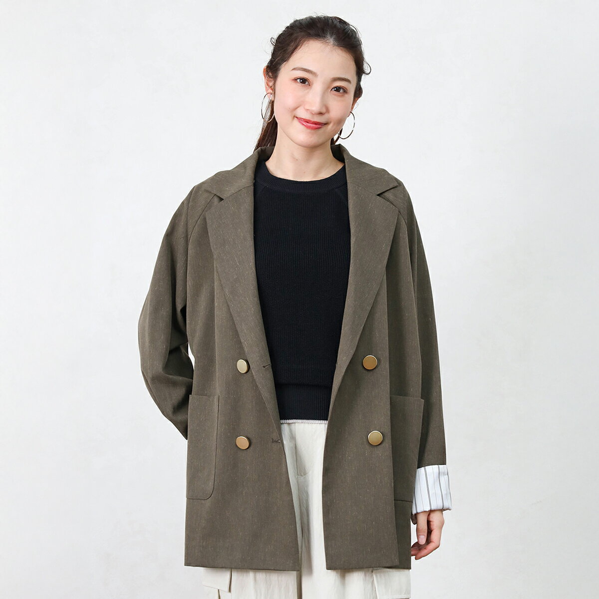 乐天商城 - 【Vin ヴァン】 リネン混テーラードジャケット ジャケット ショートジャケット ストライプ オーバーシルエット レディース カジュアル キレイめ デイリー トレンド シーズンレス ウォッシャブル おでかけ 春服 春 アウター