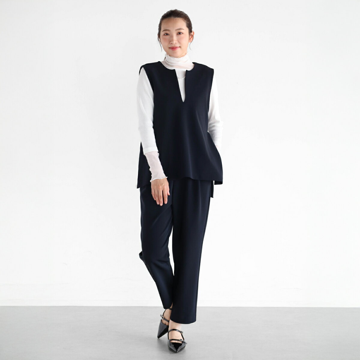 樂天商城 - 【Vin NAVY ヴァンネイビー】 Vネックベストパンツセットアップ パンツ パール セレモニー レディース 大人 フェミニン デイリー ウエストゴム オケージョン おでかけ ウォッシャブル ギャザー ギャザーパンツ 快適 オフィスコーデ 日本製
