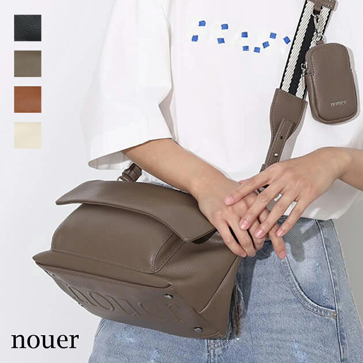 【nouer ヌエール】 ボトムエンボスロゴバッグ ハンドバッグ ショルダーバッグ カバン 鞄 小物 プレゼント レディース 大人 カジュアル レザーライク ロゴバッグ ミニポーチ付き