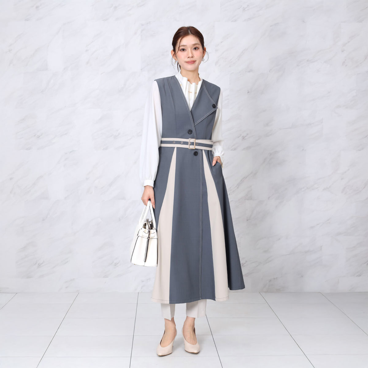 乐天商城 - 【マラソン期間中ポイント10倍】【FENNEL】バイカラージレワンピ ジレ ワンピース 2way レディース おでかけ 羽織り レイヤード ベルト付き 大人カジュアル 春服 フォーマル アシンメトリー 配色 デザインワンピース バイカラージレ