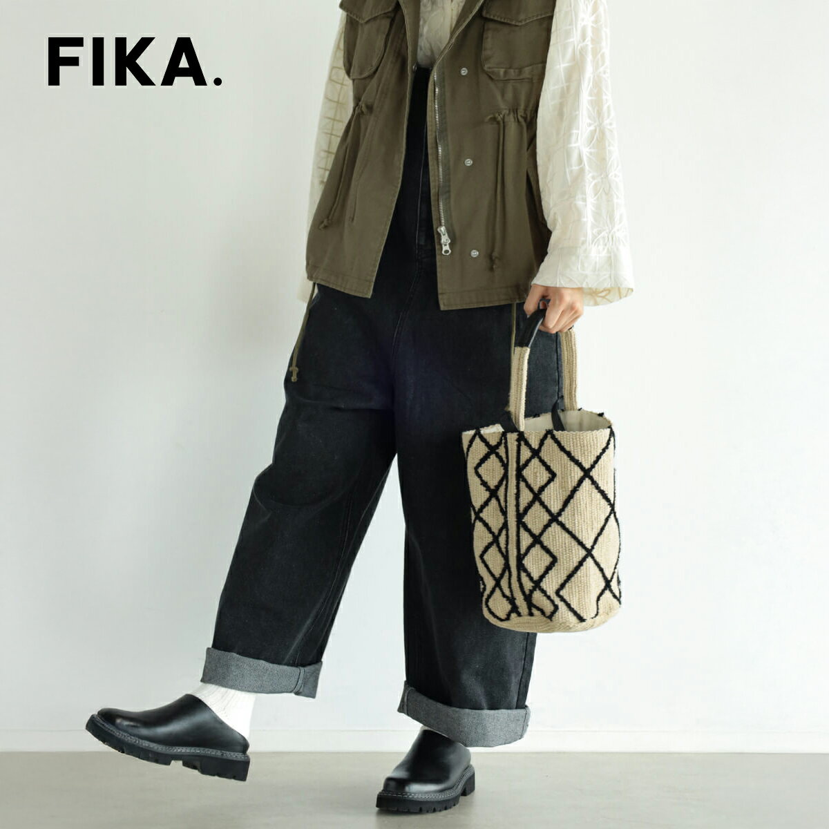 【FIKA.】Jute cotton 2WAY shoulder bag 夏 バッグ バスケットバッグ ショルダーバッグ 麻 綿 ループ刺繍 2WAY 収納力 マチ 内ポケット 大容量バッグ おしゃれ カジュアル インドバッグ クロスデザイン