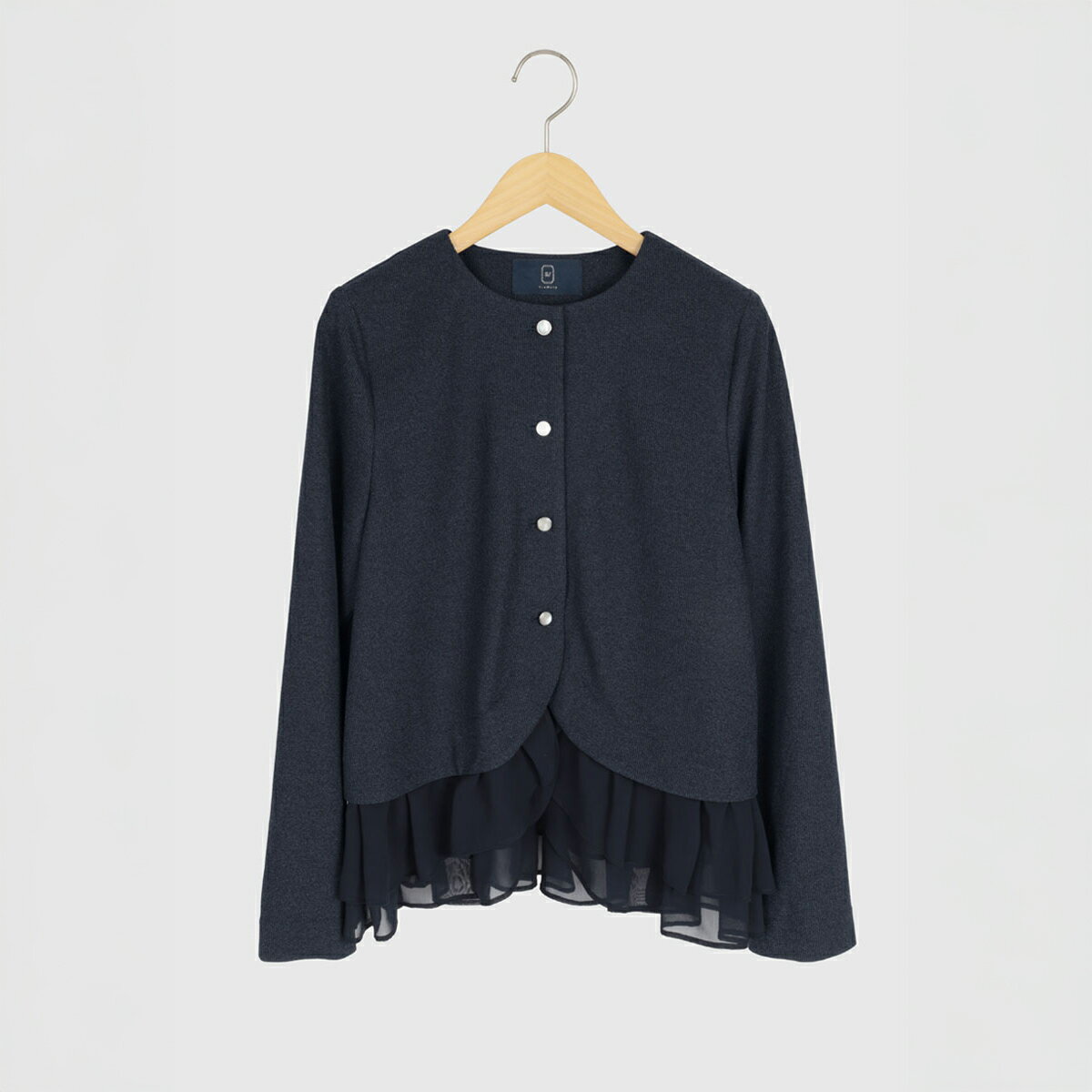 【Vin NAVY ヴァンネイビー】シフォンレイヤード カーディジャケット レディース カーディガン ジャケット クルーネック 異素材切替 フリル きれいめ 上品 フェミニン オフィス 通勤 セレモニー 春 秋 アウター ウォッシャブル セットアップ 日本製