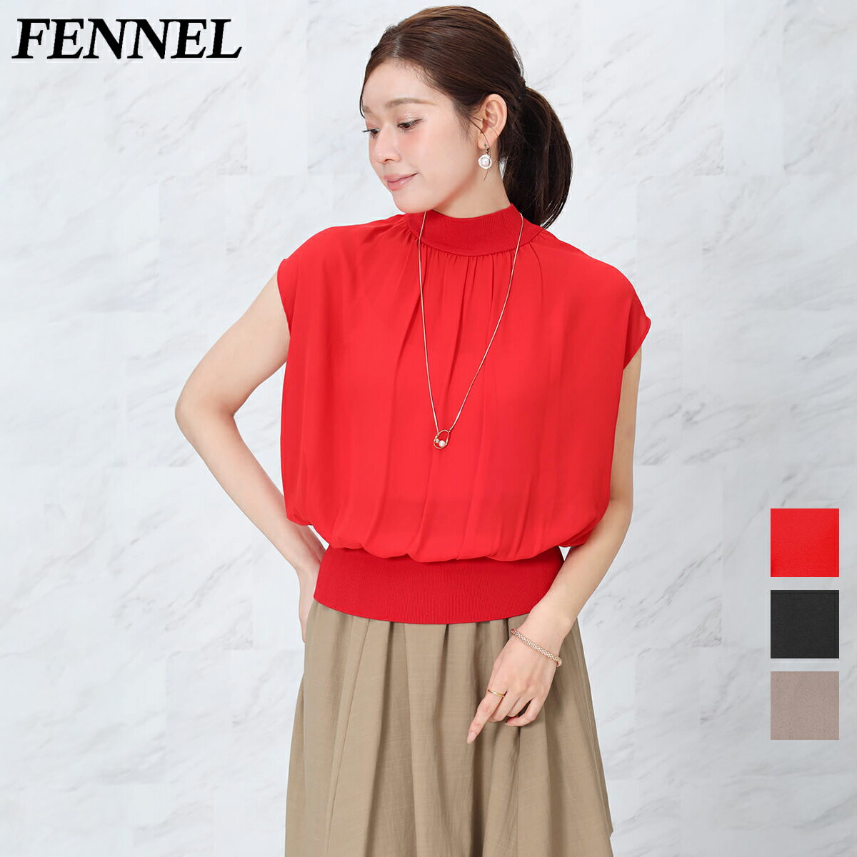 乐天商城 - 【全商品ポイント10倍】【FENNEL フェンネル】シアー×ニット異素材コンビトップス トップス 上質 ニット セミハイネック フレンチスリーブ きれいめ 上品 エレガント 大人 女性 オフィス 通勤 春夏 洗練 フェミニン レッド 赤