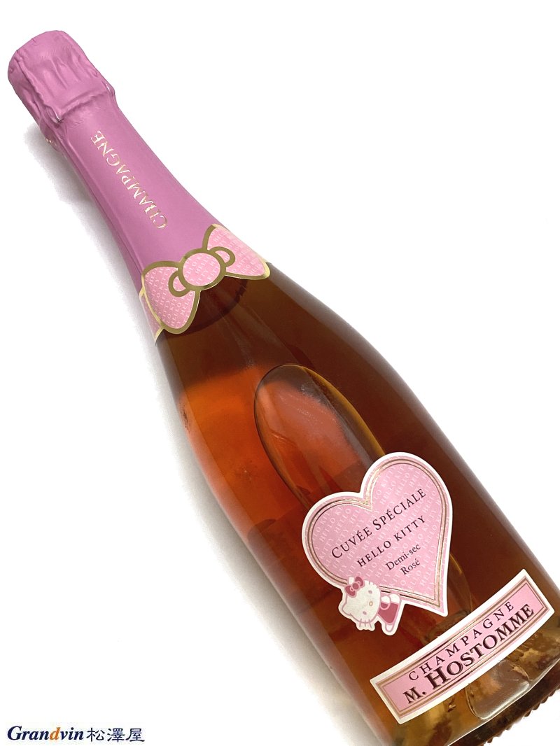 Hostomme Champagne Hello Kitty Cuvee Speciale Demi-sec Rose シャンパン　750ml [AOC］シャンパーニュ Demi-Sec 半甘口になります [弊社コメント］ 二十歳を迎えた方々へ 大人になって最初のお酒をシャンパンで!&#160; シャンパンはお祝いのお酒です。これからお酒を嗜む機会を迎える新成人の方々へ、ぜひ最初のシャンパンデビューにプレゼントされてはいかがでしょうか 16世紀から続く歴史あるシャンパンハウスHostomme(オストム)社の本格的なロゼシャンパンです。 ラベルのハローキティは世界で最も有名な猫。子供の頃から一緒のハローキティが二十歳を一緒にお祝いしてくれます。今までもこれからも、どんな時代でもキティちゃんがいれば大丈夫! &#160;お味はドゥミセック。初めてのシャンパンでも飲みやすいよう、甘口になっています。綺麗でかわいいロゼピンクは、歴史と伝統のシャンパンハウスならではの美しさと品の良さを感じます。 初めてだからこそ高い品質のお酒を味わってほしいというお声もよく聞きます。このオストム社のシャンパンは質の高いブドウから作られ、優れた醸造技術と丁寧な作り込み。しなやかで香り高い素晴らしいロゼシャンパンとなっています。二十歳の御贈答として最適です。■Hostomme オストム 16世紀より歴史のあるシャンパンハウス。 シャルドネの銘醸地シュイィに所在し長い歴史を誇るも、そのスタイルは常に進化しています。特に熟成シャンパーニュに力を注いでおり、その面白さは必飲も、1985年,1990年,1996年のシャンパーニュの金字塔3種は、ヴインテージ シャンパンの概念が変わるかもしれません。