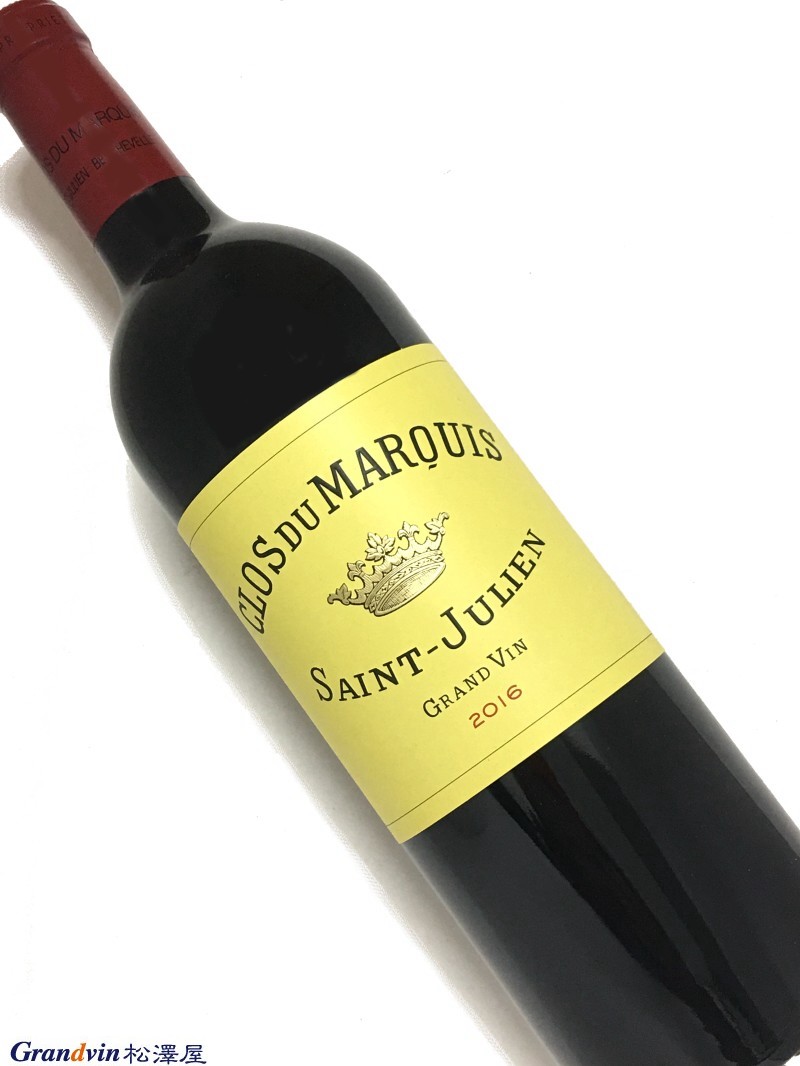 Clos du Marquis 赤ワイン 750ml [AOC］サンジュリアン [評　価］94点 Blended of 73% Cabernet Sauvignon, 24% Merlot and 3% Cabernet Franc, the 2016 Clos du Marquis has a very deep garnet-purple color and is a little broody to begin, giving way to notes of crushed blackcurrants and black cherries with touches of warm plums, pencil shavings, earth and new leather with a waft of yeast extract. Medium-bodied with a rock-solid frame of grainy tannins, it has bold fruit matched by freshness, finishing long and mineral laced. Interim End of November 2018, The Wine Advocate(1st Dec 2018) &nbsp;■Clos du Marquis　クロ デュ マルキ 　セカンドワインの先駆け的存在 　CHレオヴィルラスカーズのセカンド・ワインでしたが 　2007年からラスカーズとはきちんと境界を定め、選定されたテロワールから 　造られています。 「セカンド・ワインのクロ・デュ・マルキも優良であり、最良のヴィ 　ンテージには三級や四級のワインに引けをとらない。」 　美術出版社 『BORDEAUX ボルドー 第4版』&nbsp;