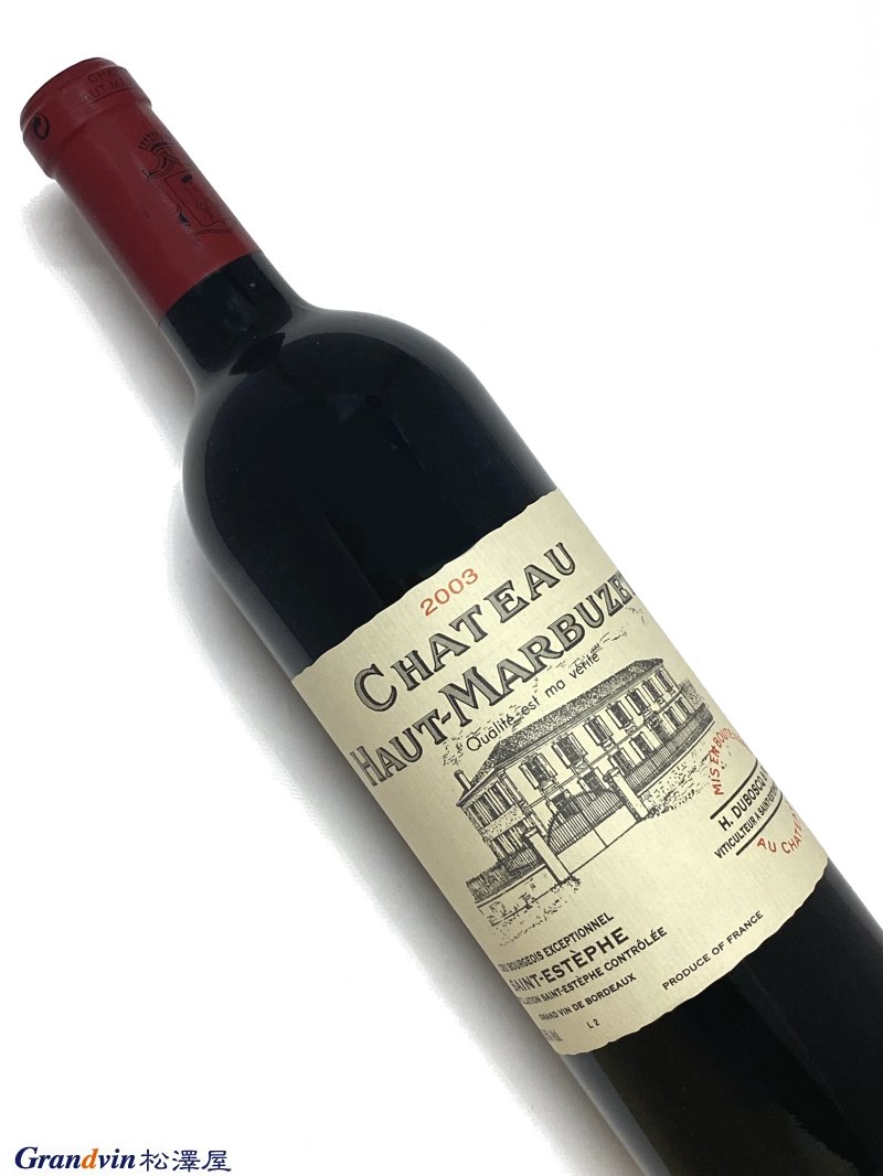 Château Haut Marbuzet 赤ワイン　750ml [AOC］サンテステフ　ブルジョワ エクセプショネル級（2003年格上げ） [ラベル］良好　 [評　価］88点 Having just had a brilliant bottle of 1982, I do not believe that Haut-Marbuzet has hit any peaks of greatness since 1990, but 2003 is a good vintage. The 2003 Haut-Marbuzet is ripe, fleshy, exotic, and seductive. Dark ruby/plum-colored with sweet black cherry fruit, dried herbs, and plenty of toasty oak, this wine has good ripeness and purity, and is ideal for drinking over the next 7-8 years. 164, The Wine Advocate(24th Apr 2006) 1982年の見事なボトルを飲んだばかりなので、オー・マルビュゼが1990年以来偉大なピークを迎えたとは思えないが、2003年は良いヴィンテージだ。 2003年のオー・マルビュゼは熟しており、肉付きが良く、エキゾチックで魅惑的です。 暗いルビー色/プラム色で、甘いブラック チェリーの果実、ドライ ハーブ、トーストしたオークがたっぷり。このワインは熟度と純度が高く、次の 7 ～ 8 年で飲むのに理想的です。（直訳）■Château Haut Marbuzet 『20年前，新樽熟成の先駆者であるオーマルビュゼは、ボルドーで最も異彩を放つワインとされていた。今日ではたいていのワインがそのようにして大幅に改善されたため、例外的なワインとはみなされなくなっている。ただし、このワインには信奉者がいる。最近のヴィンテージにはある種攻撃的な樽の特徴が見られることが多いが、個人的には4級、あるいは3級のレベルに達していると考えている。また、現在の市場では、値ごろ感のあるワインの代表格である。』 　美術出版社 『BORDEAUX ボルドー 第4版』