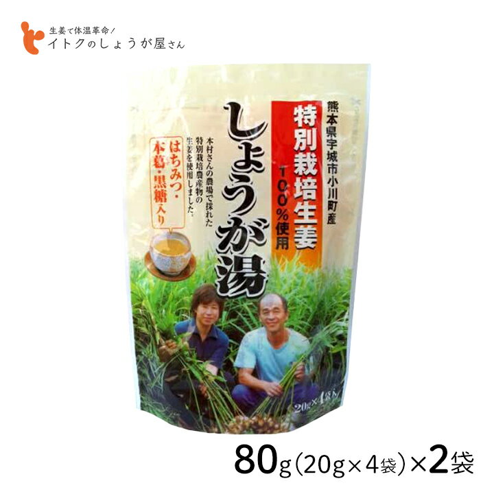 イトク食品 特別栽培しょうが湯 80g(20g×4p) 2袋セット 熊本県特別栽培生姜 黒糖 本葛 蜂蜜 化学肥料不使用 有機肥料 体質改善 mb