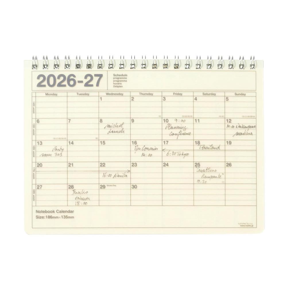 手帳 2026 スケジュール帳 2026年4月始まり 月間ブロック B6変型 ノートブックカレンダー・S 高級画用紙 書きやすい コンパクト メモ付き Wリング シンプル おしゃれ 学生 社会人 プライベート 仕事用 送料無料 マークス