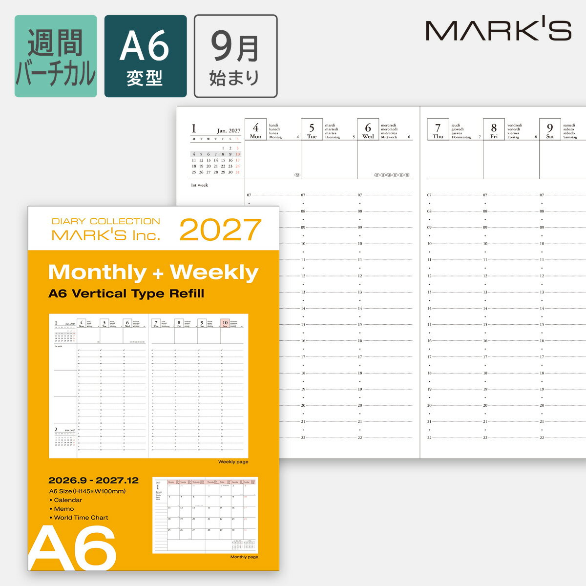 乐天商城 - 【送料無料】 手帳 2027 スケジュール帳 2026年9月始まり 週間バーチカル A6変型 リフィル MARK'S 海外手帳 ジッパーポケット付き スライドジッパー FSC認証紙 エコ手帳 ビジネス 学生 おしゃれ かわいい