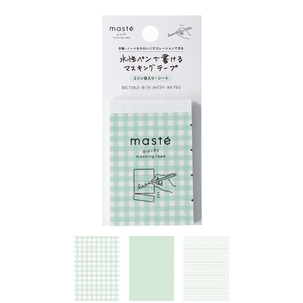 水性ペンで書けるマスキングテープ・ミシン目入り・シート「マステ」 ギンガムチェック・ミント 手帳 デコ シール 付箋 メモ 3柄 セット 各10枚 全30枚入 ...
